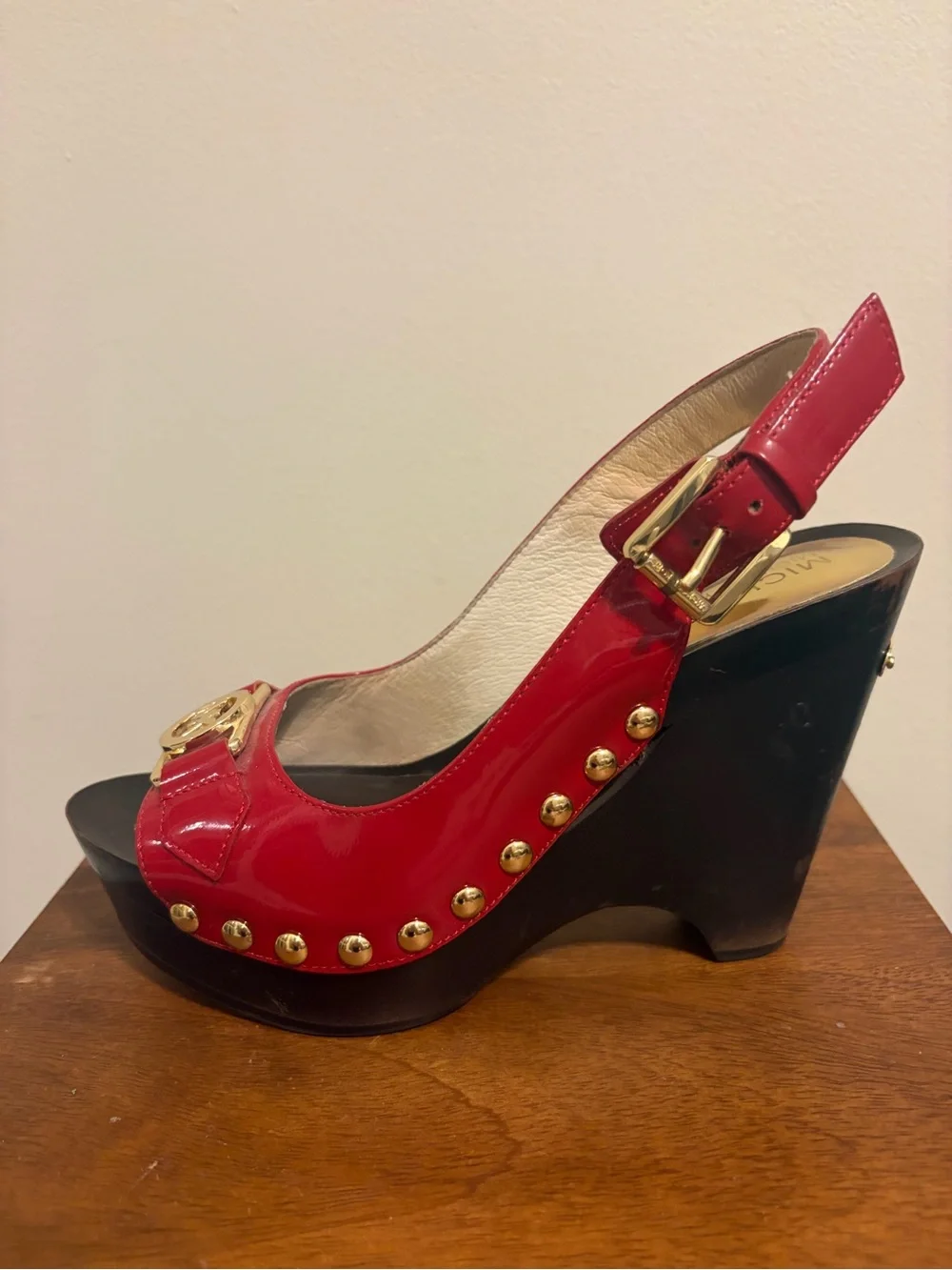 Michael Kors Red Patent Leather Platform Slingback Sandals with Gold MK Accent
